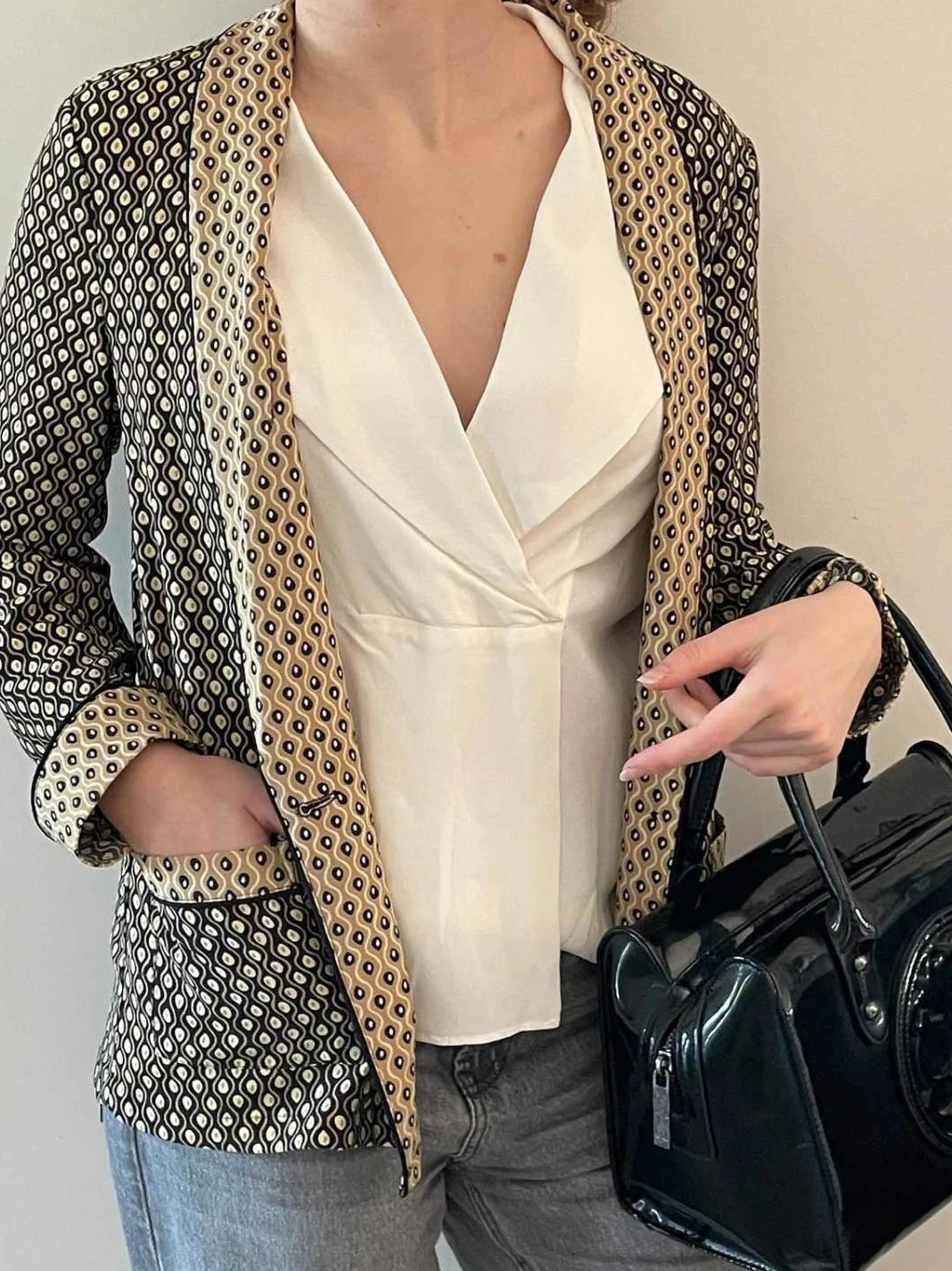 Blazer Scotch & Soda imprimé chic noir beige taille 38 veste fluide bohème